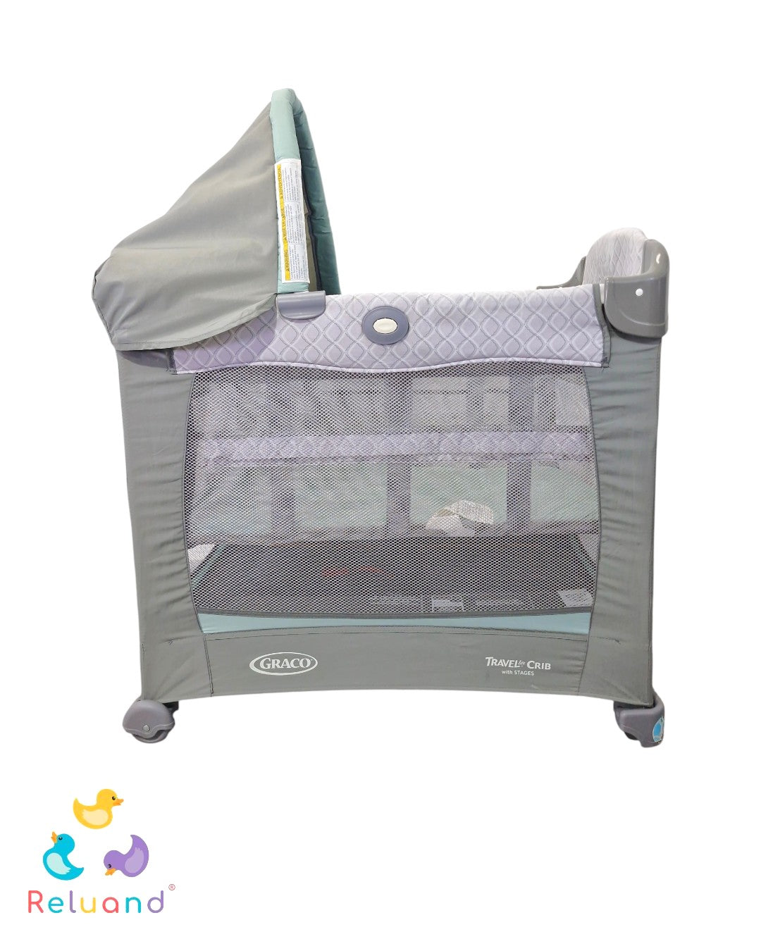 Cuna Corral Graco Traveler Little Crib Gris con Verde Menta — 3 Niveles y Capota | Usada