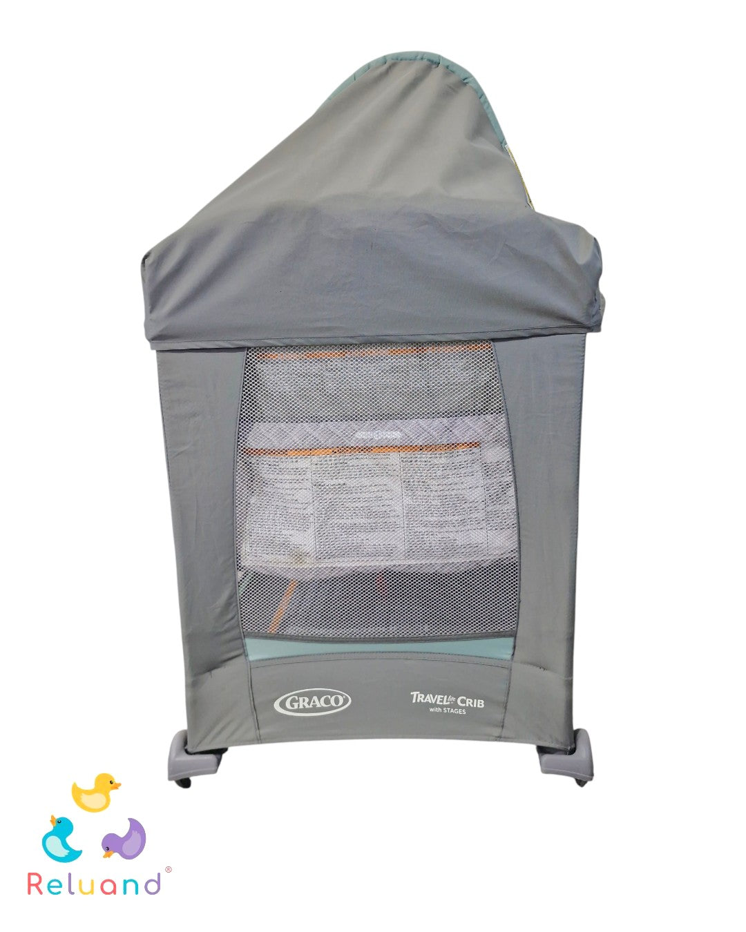 Cuna Corral Graco Traveler Little Crib Gris con Verde Menta — 3 Niveles y Capota | Usada