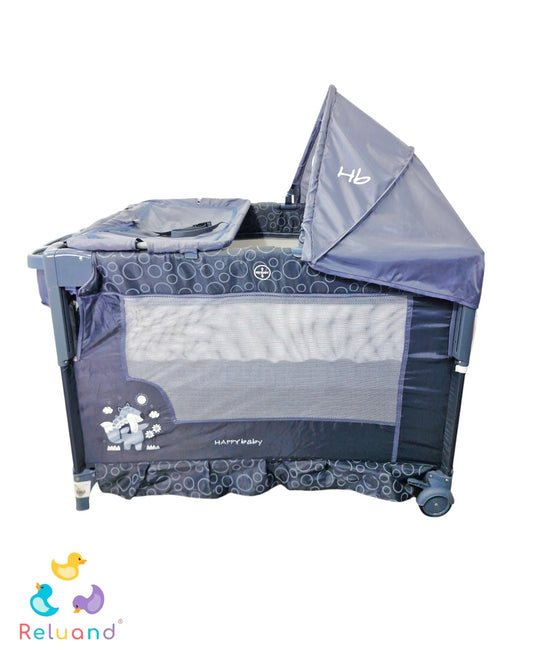 Cuna Corral Happy Baby Gris Oscuro — Con Cambiador, Móvil y 2 Niveles | Usada