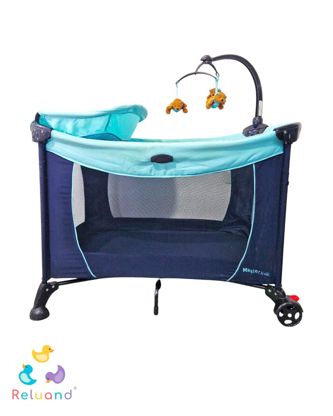 Cuna Corral Master Kids Verde Menta con Azul Oscuro — Con Cambiador y Móvil | Buen Estado