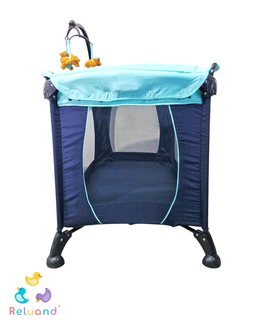 Cuna Corral Master Kids Verde Menta con Azul Oscuro — Con Cambiador y Móvil | Buen Estado