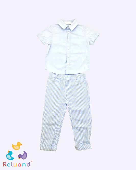 Conjunto camisa azul celeste marca Primark, pantalón a rayas en blanco y azul celeste, marca Epk, talla 12 a 18 meses.