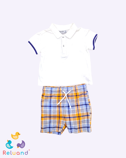 Conjunto camibuso en color blanco marca Epeka y short a líneas en color naranja y azul, marca Carter´s, talla 23 a 24 meses.