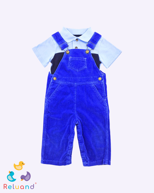 Conjunto cami buso en color azul oscuro y celeste marca Garanimals y overol en tela pana en color azul rey marca Young Man, talla 18 meses.