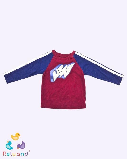 Buso color Vinotinto con detalles en mangas de color azul oscuro y crema, marca Garanimals, talla 2T.