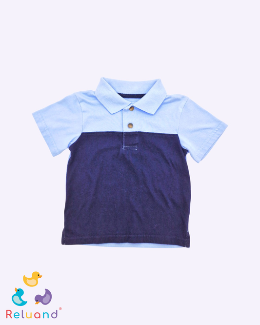 Conjunto cami buso en color azul oscuro y celeste marca Garanimals y overol en tela pana en color azul rey marca Young Man, talla 18 meses.