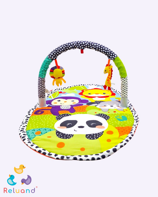 Gimnasio para bebé portátil didáctico de panda, mono, león y mapache, Marca Infantino, precio en el mercado nuevo $140,000.