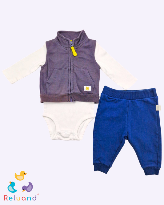 Conjunto X3 prendas: body blanco, chaleco gris y pantalón azul petroleo, Talla 0 a 3 meses.