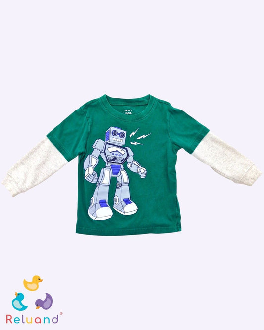 Buso color verde con mangas gris y estampado de robot, marca Carter´s, talla 2T.