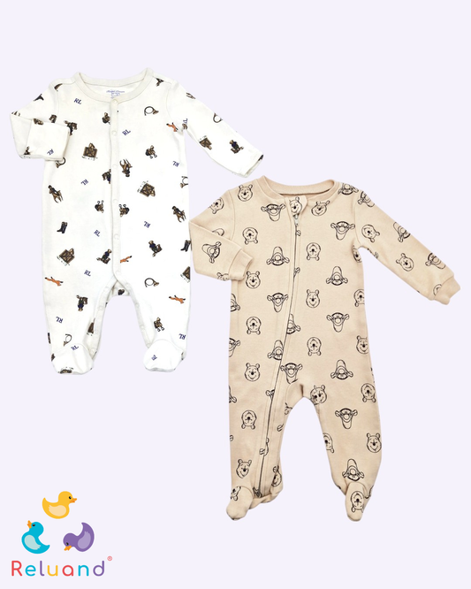 Set pijama X2 beige con Winnie Pooh y Tigger, Talla 0 a 3 meses.