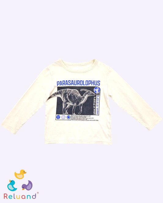 Buso color crema con dinosaurio en blanco y negro, talla 2T.