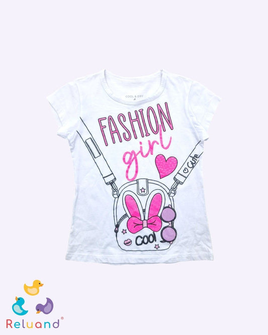 Blusa blanca con muñeco en negro y rosa escarchado, marca Cool & Dry, talla 4T.
