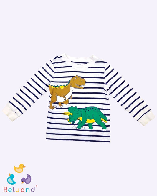 Buso color blanco con rayas azul oscuro y dinosaurios, marca Carter´s, talla 2T.