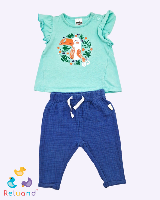 Conjunto blusa verde menta con estampado de ave escarchada, pantalón azul, Talla 3 a 6 meses.
