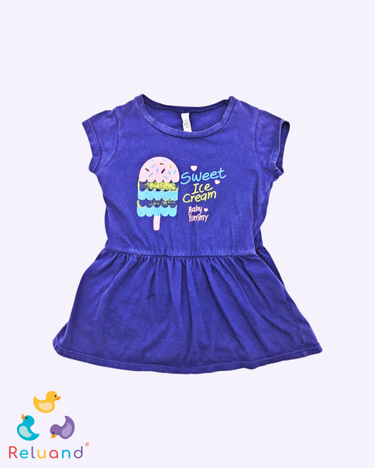 Vestido azul oscuro con estampado de paleta, marca People y talla 18 a 24 meses.