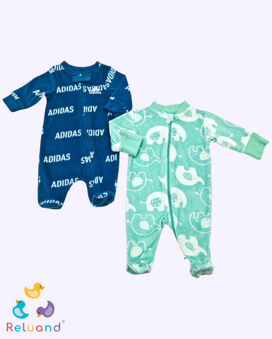 Set pijama felpa X2: verde menta con elefantes y verde con logo de Adidas, Talla 0 a 3 meses.
