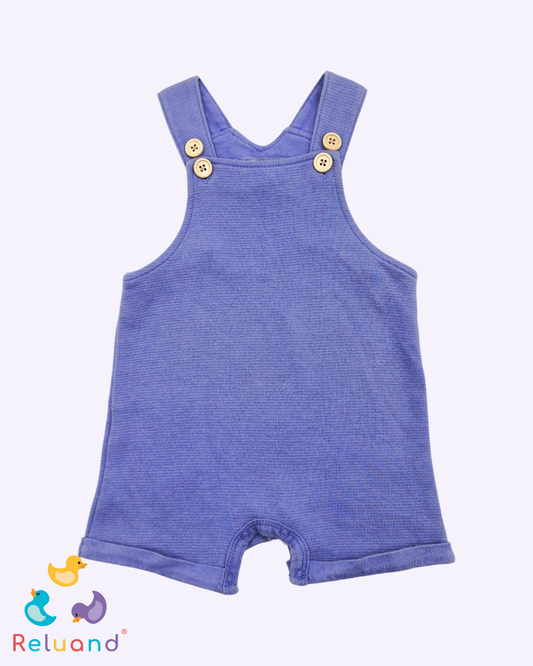 Overol azul grisáceo con botones naranja, Marca Baby Fresh, Talla 3 a 6 meses.