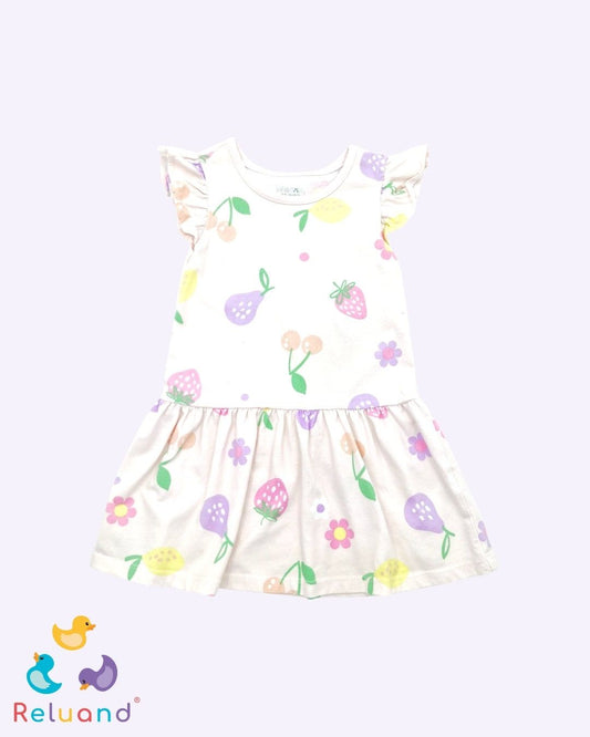 Vestido color rosa pastel con fresas y flores en colores, marca Garanimals, talla 3T.