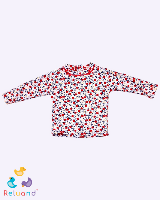 Blusa de baño en estilo floral blanco, rojo y naranja, con cremallera trasera, Marca Baby Yampi, Talla 6 meses.