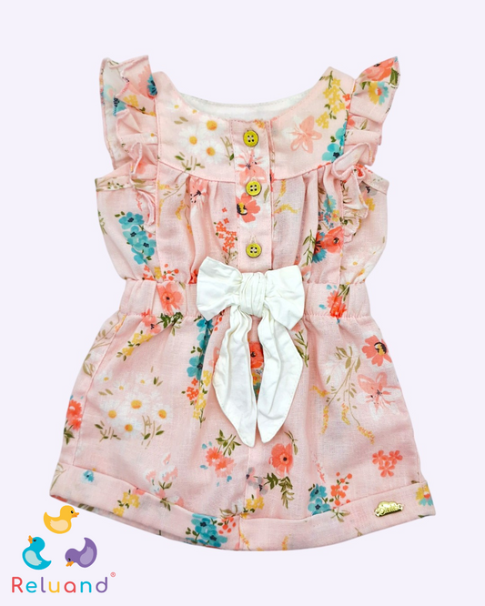 Vestido rosado floral con moño blanco frontal, Marca Cielito, Talla 3 a 6 meses.
