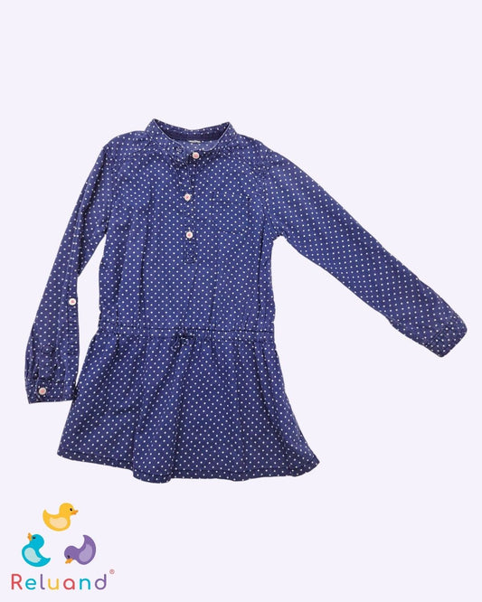 Vestido azul oscuro con pepas blancas, manga larga y talla 4T.