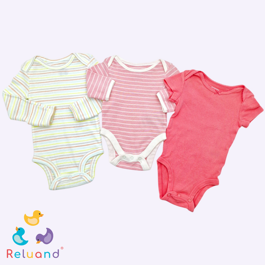 Set bodies X3 manga corta, rosado unicolor, rosado pastel con rayas y blanco con rayas de colores, Tallas NB.