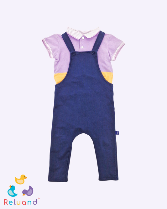 Conjunto cami buso color lila con anaranjado marca Epk y overol azul oscuro marca Offcorss, talla 18 meses.