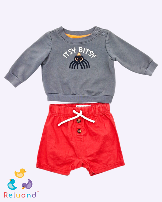 Conjunto buso gris con pulpo azul minimalista y short rojo con 2 botones, Talla 0 a 3 meses.