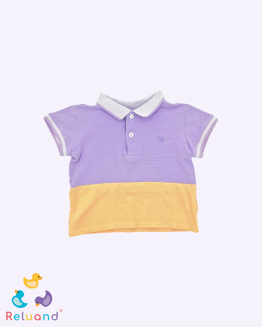 Conjunto cami buso color lila con anaranjado marca Epk y overol azul oscuro marca Offcorss, talla 18 meses.