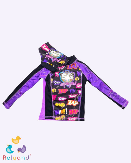 Buso de baño negro con detalles en morado y rosa, marca Color Fingers, talla 4T.