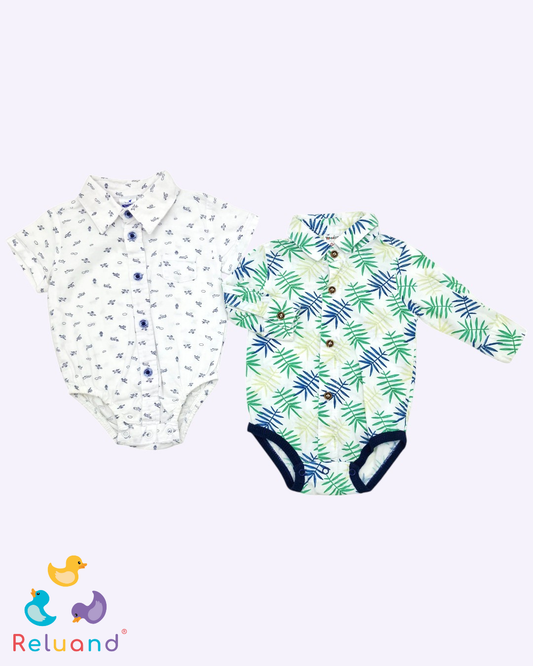 Set X2 bodies formales: blanco con hojas verdes y blanco con grabados de avión, Talla 0 a 3 meses.