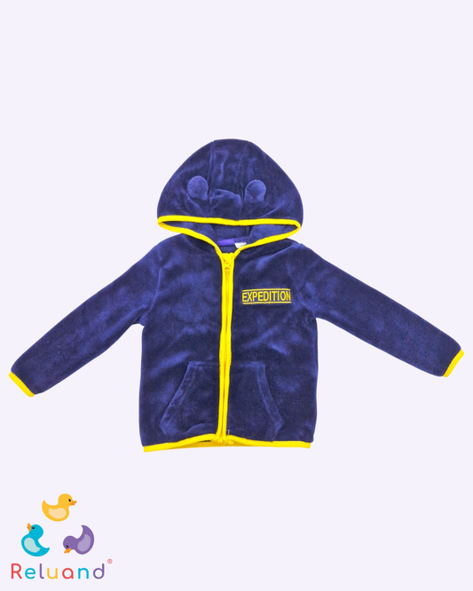 Saco en felpa color azul oscuro con bordes amarillos y bordado, marca Lupilu, talla 12 a 24 meses.