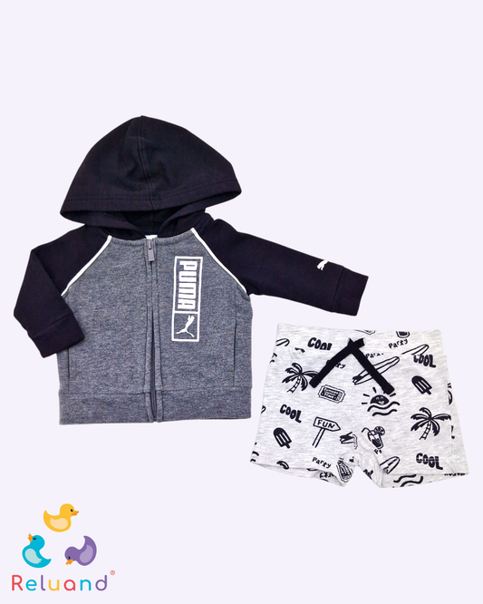Conjunto saco negro con gris, shor gris con figuras en negro, Talla 0 a 3 meses.