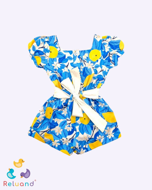 Vestido en color crema con estilo floral en azul y amarillo, marca Cielito, talla 2T.