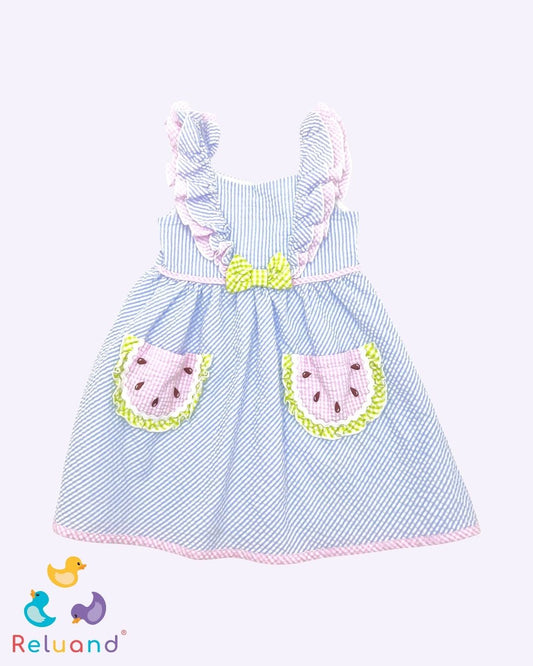 Vestido a rayas en color azul celeste y blanco, texturizado, con moños y bolsillos funcionales, marca Bluever Bulevar, talla 2T.