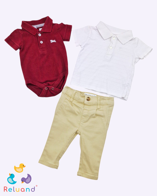 Conjunto 3 prendas: pantalón beige, body vino tinto y camibuso blanco, Talla 0 a 3 meses.