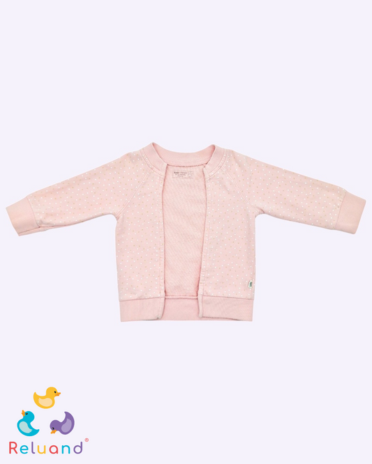 Chaleco en palo de rosa con puntos blancos, Marca Baby fresh, Talla 9 a 12 meses.