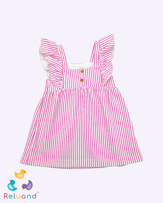 Vestido en color blanco con líneas rosada, Marca Zara, Talla 9 a 12 meses.