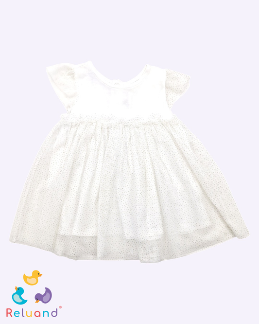 Vestido blanco con tutu integrado con puntos brillantes en plateado, Marca epk, Talla 12 meses.
