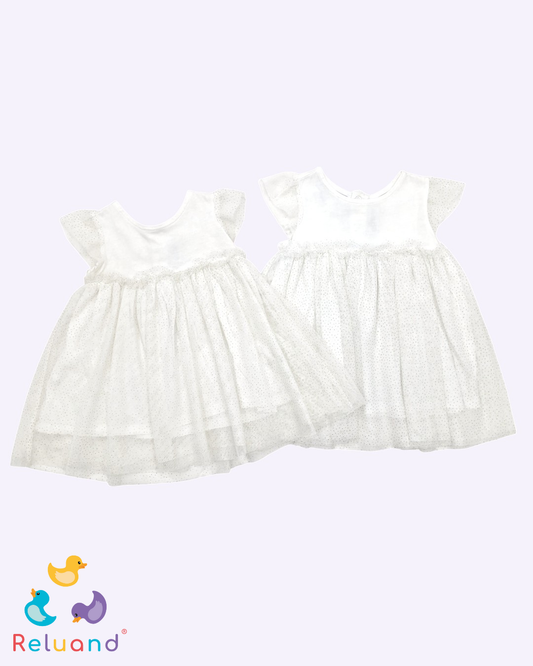 Vestido blanco con tutu integrado con puntos brillantes en plateado, Marca epk, Talla 12 meses.