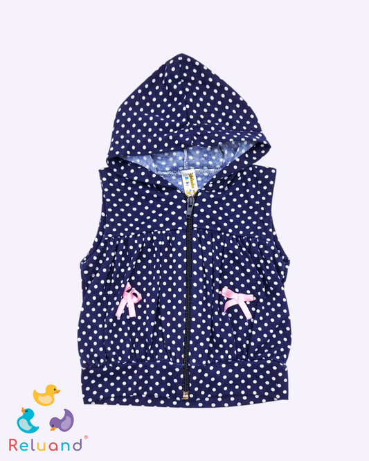 Chaleco con capota en azul oscuro con pepas blancas, Marca Mielecitos Baby, Talla 6 a 12 meses.