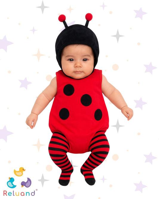 Disfraz de Mariquita en color rojo y negro, incluye accesorios, texturizado en 3D, talla 6 meses.