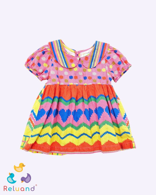 Vestido en colores rosa, amarillo, azul y verde, cuello redondo, marca Fabula, talla 2T.