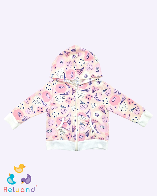 Saco en color crema y rosa con capota y bolsillos funcionales, talla 18 a 24 meses.