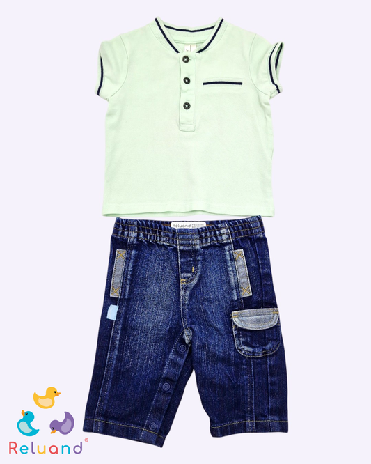 Conjunto jean y camiseta verde menta, Talla 0 a 3 meses.