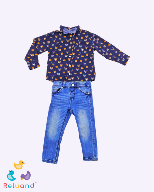 Conjunto camisa con zorros geométricos y corbatín, marca Mick Mack, jean marca Zara, talla 18 a 24 meses.