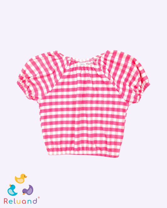 Blusa a cuadros y rayas en colores rosados y blanco, Marca Zara, Talla 12 a 18 meses.