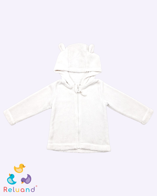 Saco con capota, térmico y en felpa, color crema, Marca Baby Fresh, Talla 12 a 18 meses.