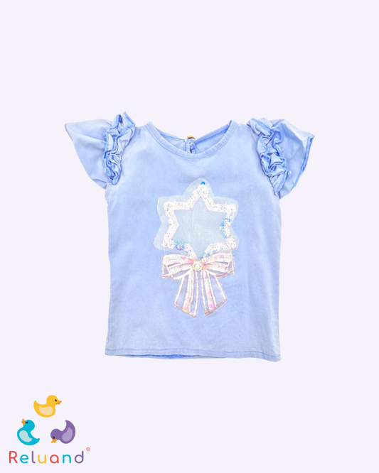 Blusa azul celeste, manga sisa y bordado de estrella y moño brillante, talla 12 a 18 meses.