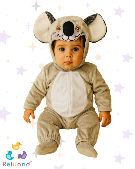 Disfraz de Koala en color gris, blanco y negro, en felpa para la comodidad de tu bebe, talla 3 a 6 meses.